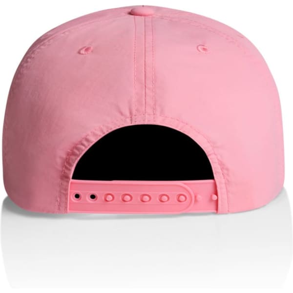 A pink cap with a snapback closure and a plain design, featuring a logo on the back.