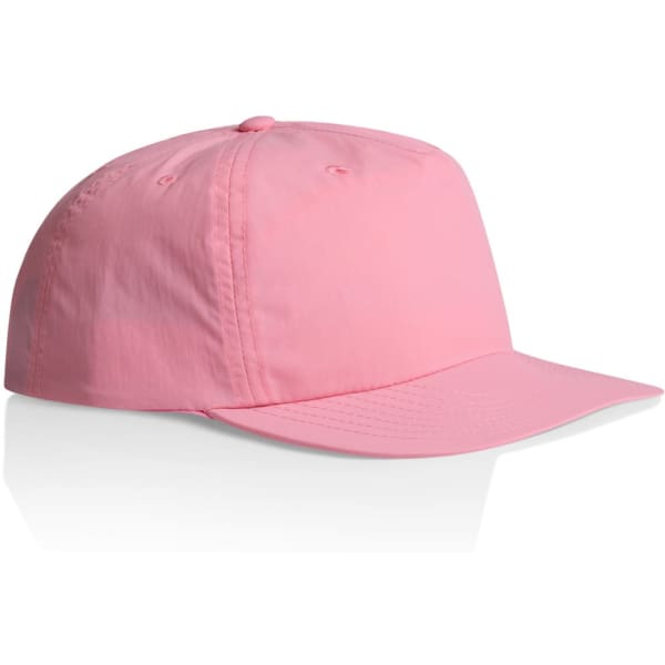 A pink cap featuring a structured design and a logo on the front, ideal for headwear.