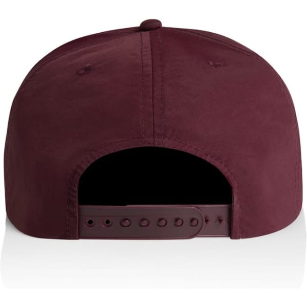 A maroon cap featuring a solid fabric design and an adjustable strap at the back. Includes branding on the side.