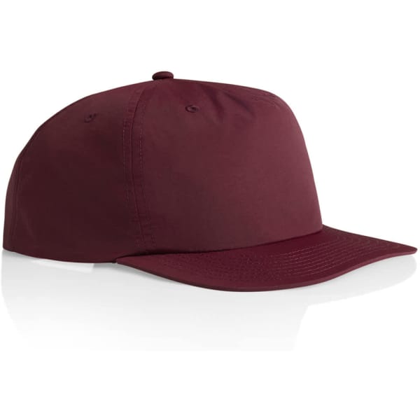A burgundy cap with a flat brim and a round crown, featuring a logo on the side.