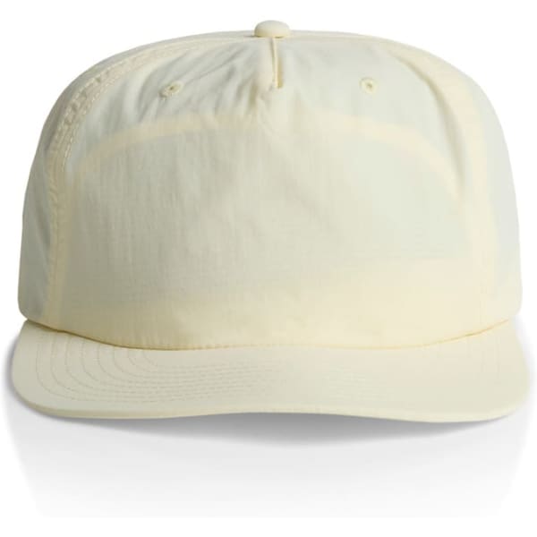 A pale yellow cap with a curved brim and a logo on the front. The design features a simple and clean aesthetic.