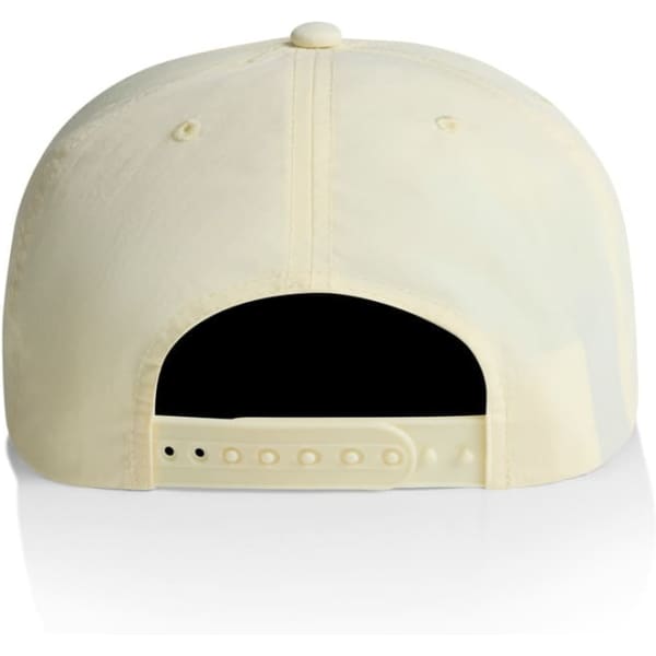 A pale yellow cap featuring a logo on the back with an adjustable strap.