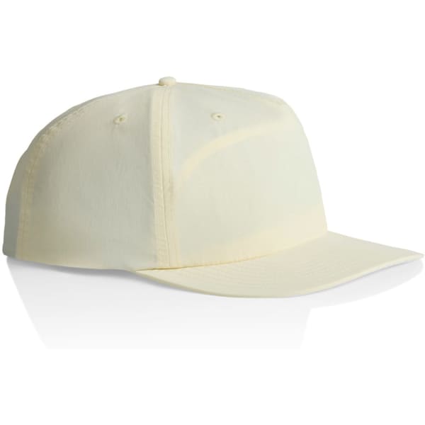 A cap in a soft yellow hue with a curved brim and an adjustable strap at the back. It features a logo.