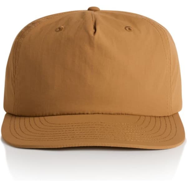 A cap in a warm brown colour with a curved brim and a logo on the front.