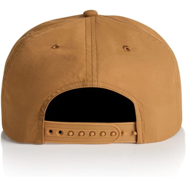 A tan cap featuring a flat brim and an adjustable strap at the back. It has a logo on the front.