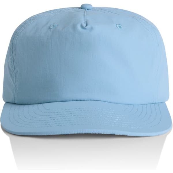 A light blue cap featuring a structured design and a logo on the front. Ideal for casual wear or outdoor activities.