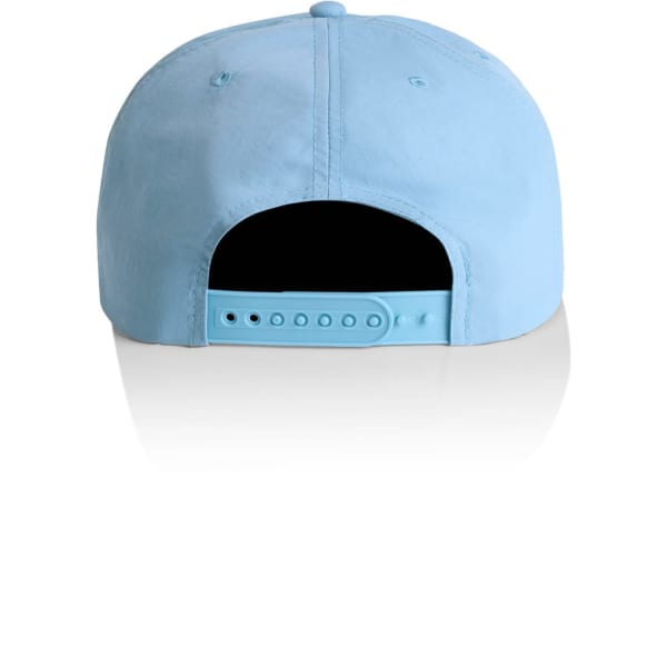 A light blue cap featuring a back closure and a logo. The surface has a smooth texture.