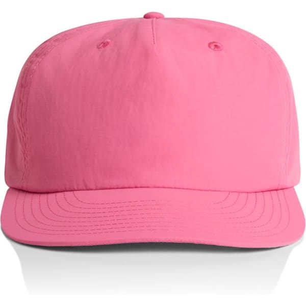 A pink cap featuring a curved brim and a logo on the front. Ideal for headwear enthusiasts.