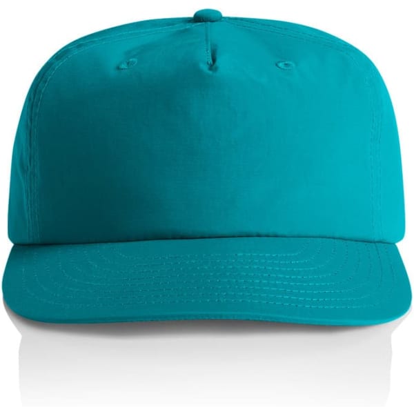 A teal cap with a curved brim and a plain design, featuring a logo on the front.
