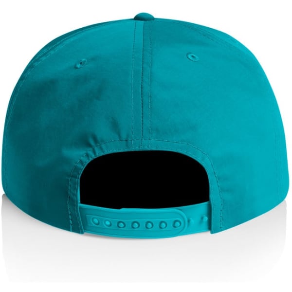 A turquoise cap featuring an adjustable strap at the back and a logo on the side.