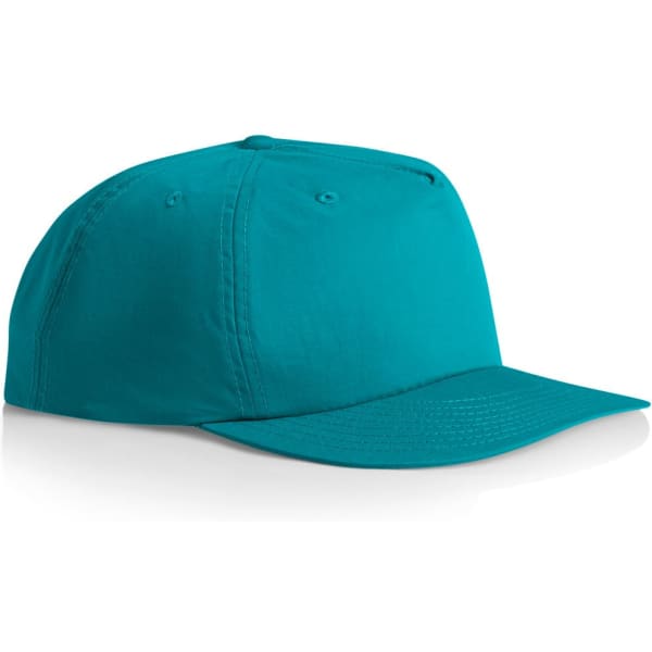 A teal cap with a curved brim and a logo on the front, featuring a structured design.