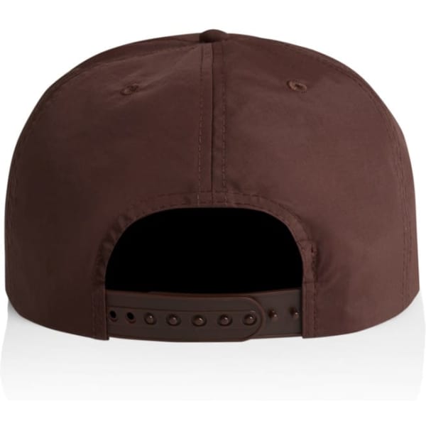 A brown cap, featuring a rear opening and an adjustable strap. It has a logo on the back.