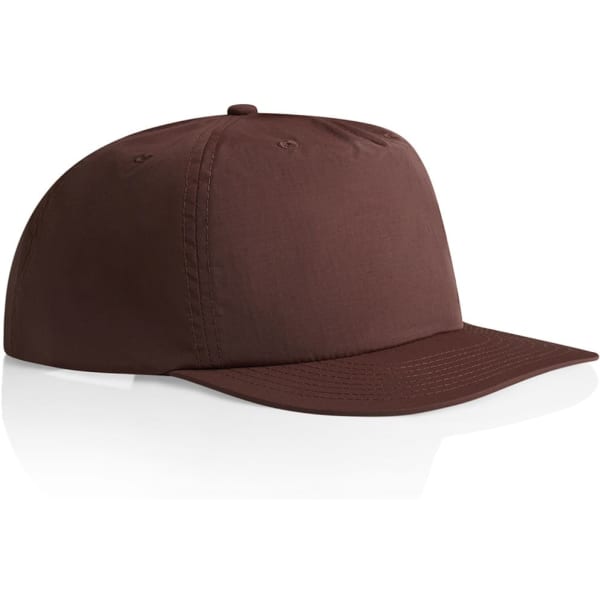 A brown cap with a flat brim and a structured design, featuring a logo on the front.