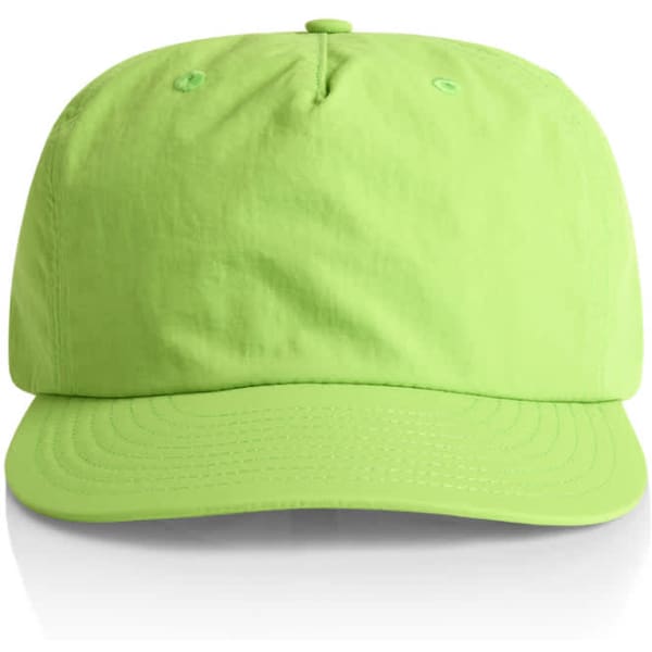 A bright green cap with a curved brim and a logo on the front.