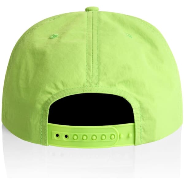 A bright green cap with an adjustable strap at the back and a logo on the side.