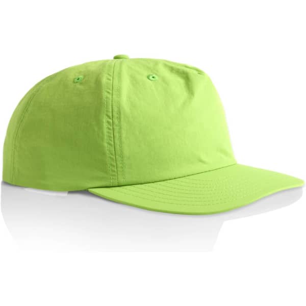 A green cap with a curved brim and a logo on the front. The cap has a casual design and a lightweight fabric.