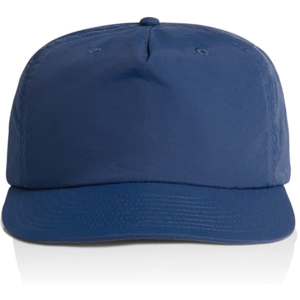 A navy blue cap with a flat peak and an adjustable strap at the back, featuring a logo.