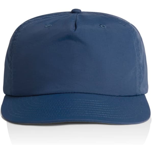 A navy blue cap featuring a flat brim and a structured design, with a logo on the front.