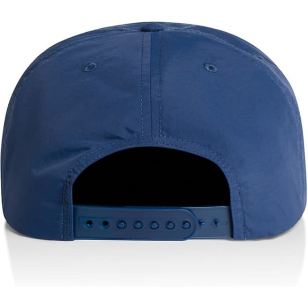 A blue cap featuring a strapback closure and a smooth fabric texture, with a logo on the back.