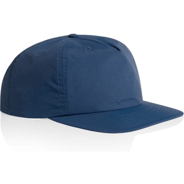 A navy blue cap with a flat brim and a logo on the front. Lightweight fabric design.
