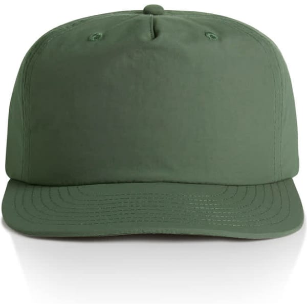 A green cap with a flat brim and a branding logo on the front, designed for headwear.