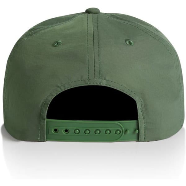 A green cap with a flat brim and adjustable strap at the back, featuring a logo.