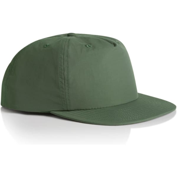 A green cap with a flat brim and a structured crown, featuring a logo on the front.