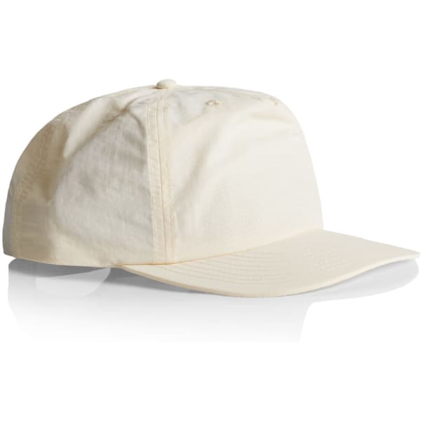 A cream-coloured cap with a curved brim and an adjustable strap at the back. It features a logo.