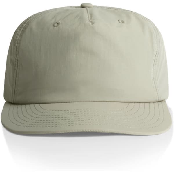 A light green cap with a structured crown and a curved brim, featuring a logo on the front.