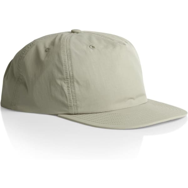 A grey cap with a curved brim and a logo, featuring a simple, structured design.