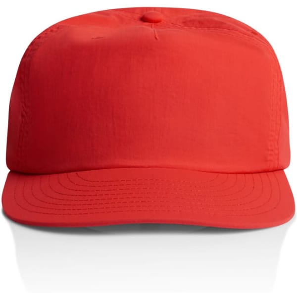 A red cap with a structured design and a curved brim, featuring a logo on the front.