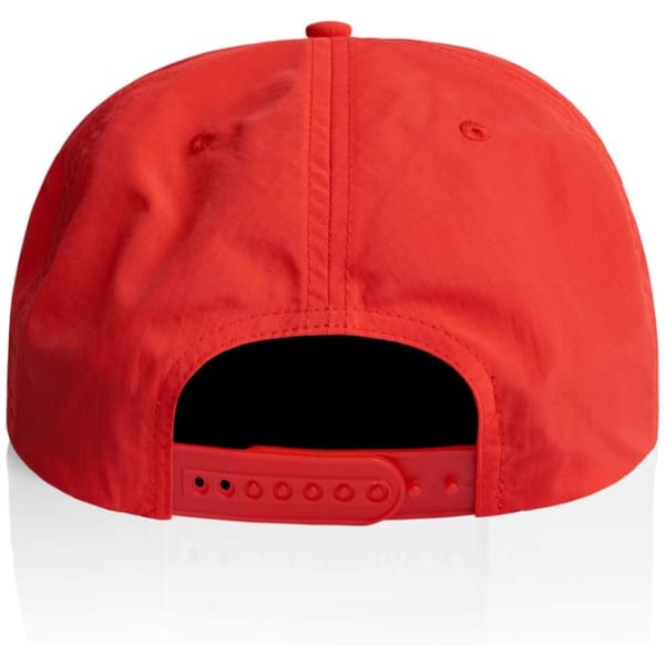 A red cap with an adjustable strap at the back, featuring a logo on the rear.