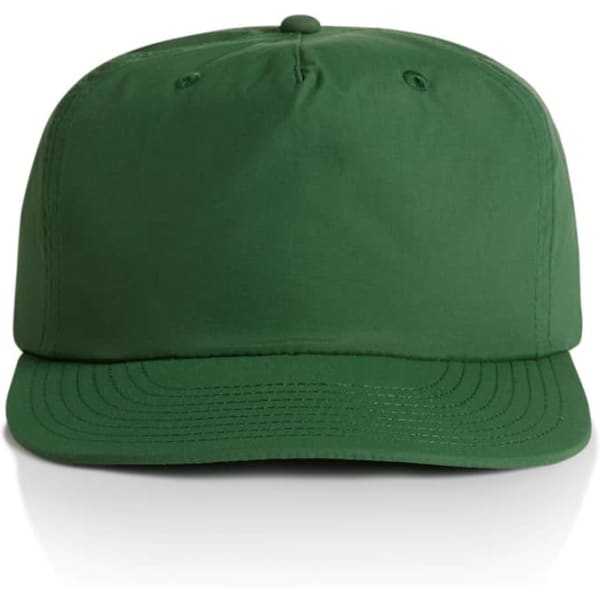 A green cap featuring a structured design and a front visor. Includes a logo on the front.