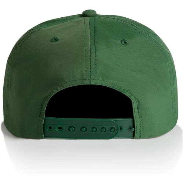 A green cap with a snapback closure and a logo on the back.