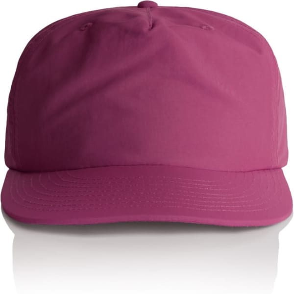 A pink cap with a curved brim and a logo on the front. The cap features a smooth fabric design.