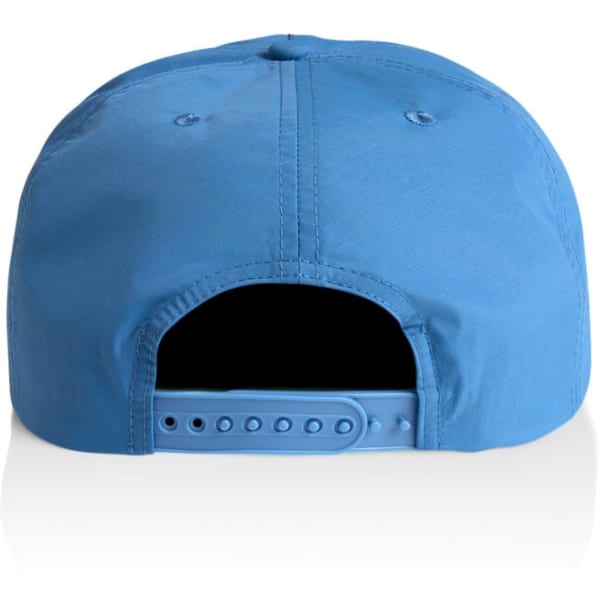 A blue cap with a snapback closure and a logo on the back.