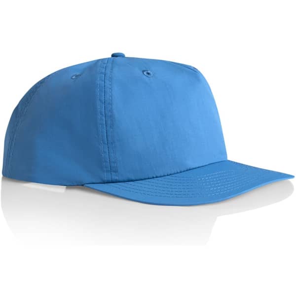 A blue cap with a curved brim and an adjustable back, featuring a logo on the front.