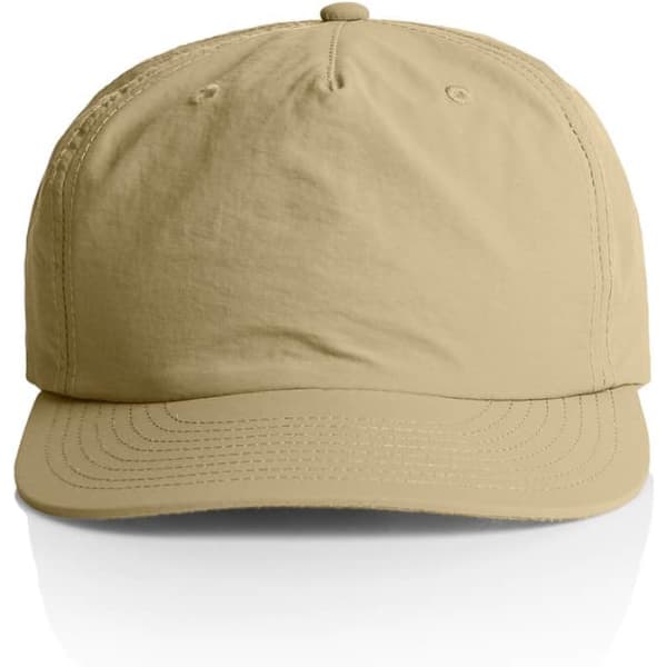 A beige cap featuring a curved brim and a back adjustable strap, with a logo on the front.
