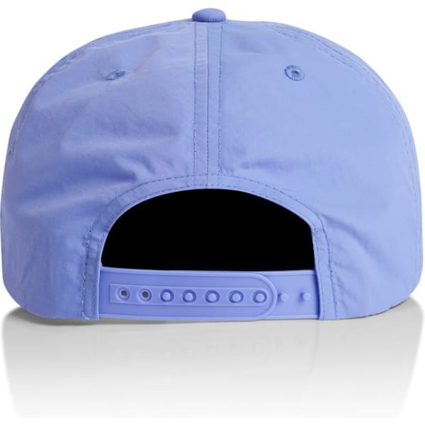 A light blue cap featuring a branded logo on the back and an adjustable strap for size fitting.