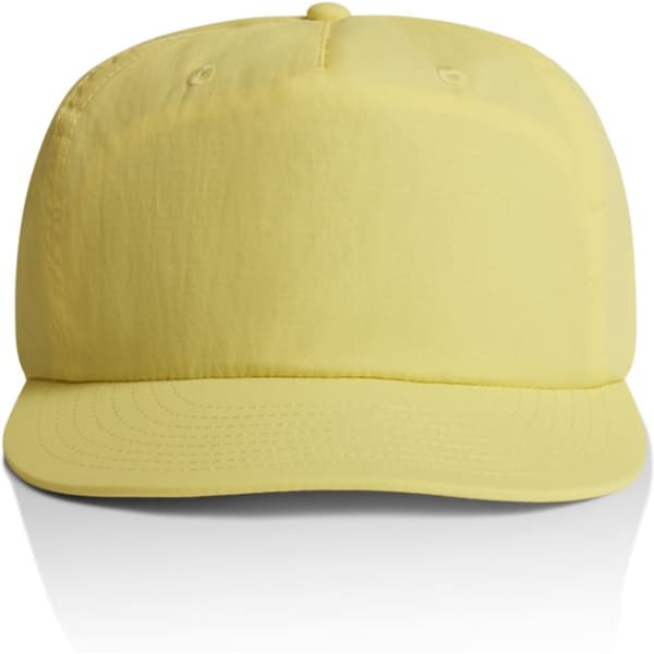 A yellow cap with a flat brim and a logo on the front, featuring ventilation holes on the top.