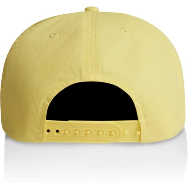 A yellow cap featuring a snapback closure and a logo on the back.