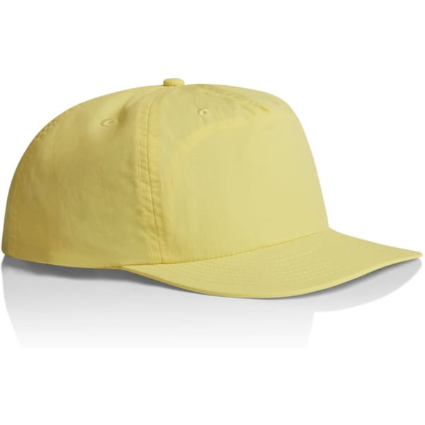 A yellow cap with a curved brim, featuring a logo on the front and a plain design.