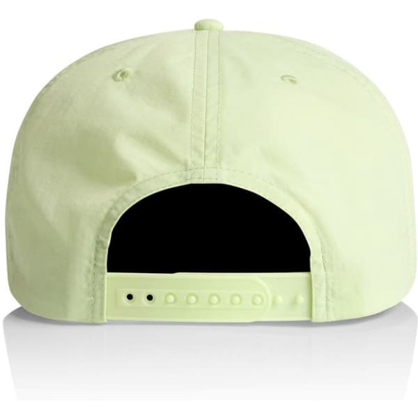 A light green cap featuring a branding logo and an adjustable strap at the back.