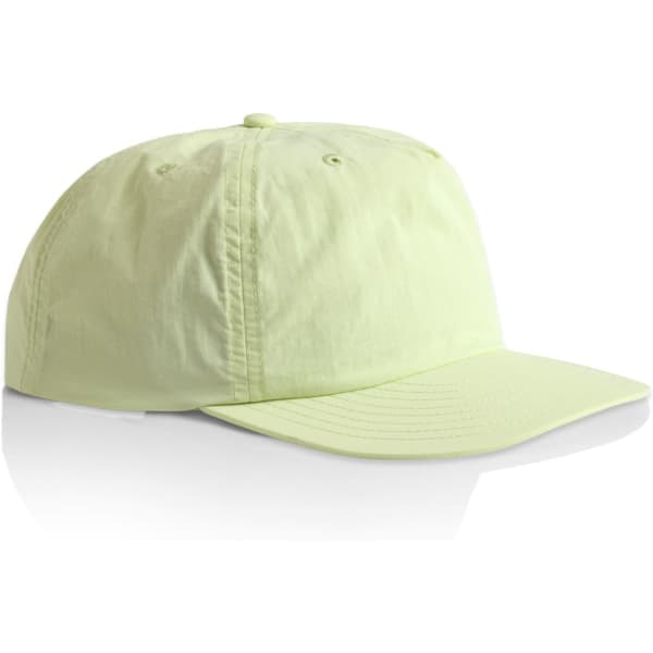 A cap in a light green colour with a curved peak and a logo on the front.