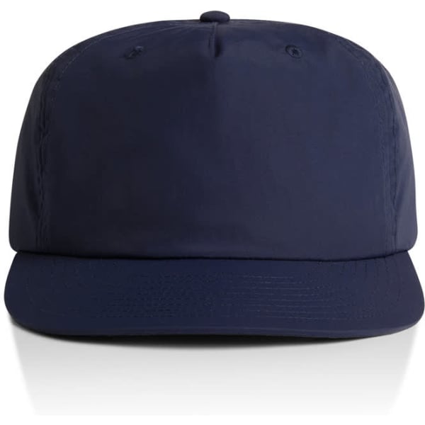 A navy blue cap with a structured design and a curved brim, featuring a logo on the front.