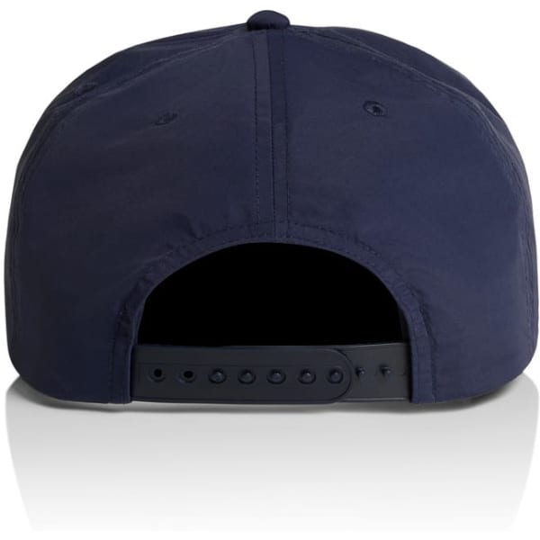 A navy blue cap featuring a snapback closure and a logo on the rear.