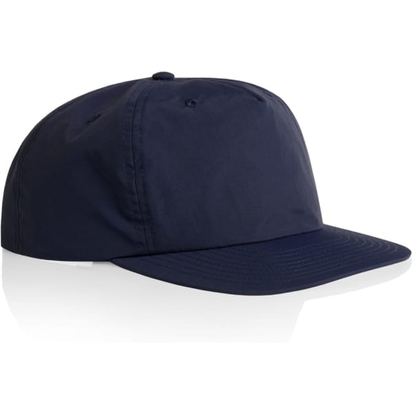 A navy blue cap with a solid design and a logo on the front.