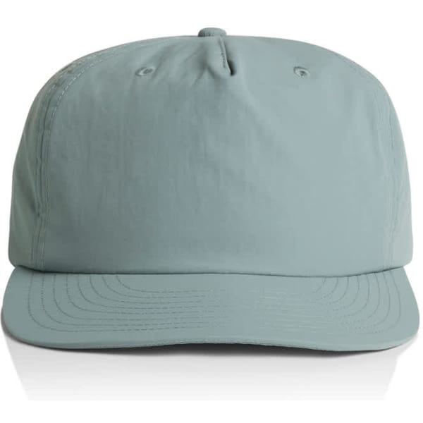 A light green cap featuring a structured design and a logo on the front. Suitable for headwear promotion.