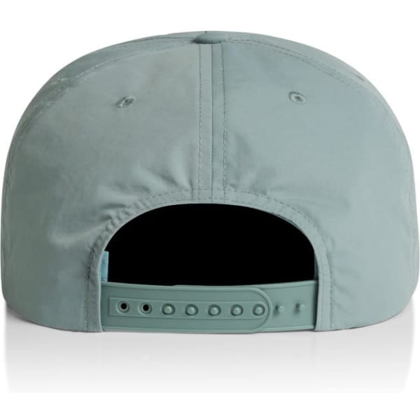 A peppermint green cap with a flat brim and adjustable back, featuring a branding logo.