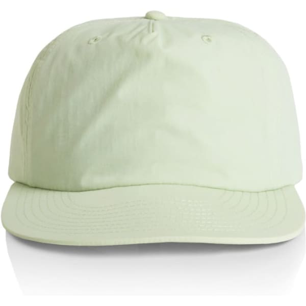 A light green cap with a rounded crown and a stiff brim, featuring a logo on the front.